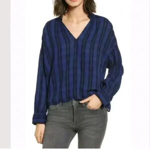 Madewell High Road Popover Blouse Chelton Blue and Black Plaid Size M 3/4 Sleeve